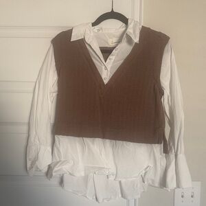 Anthropologie White Button-Down Shirt with Brown Knit Vest